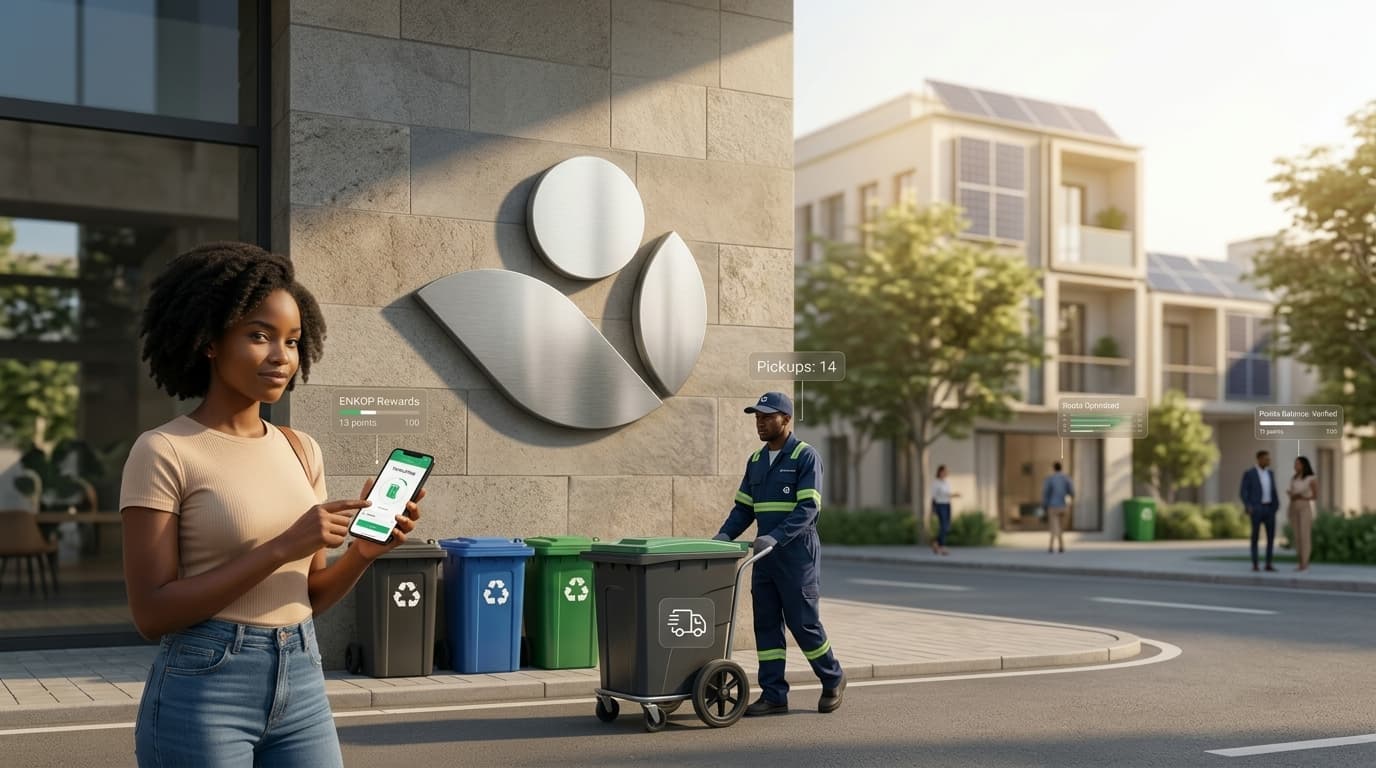 Enkop user requesting pickup while a collector moves recycling bins in a residential community